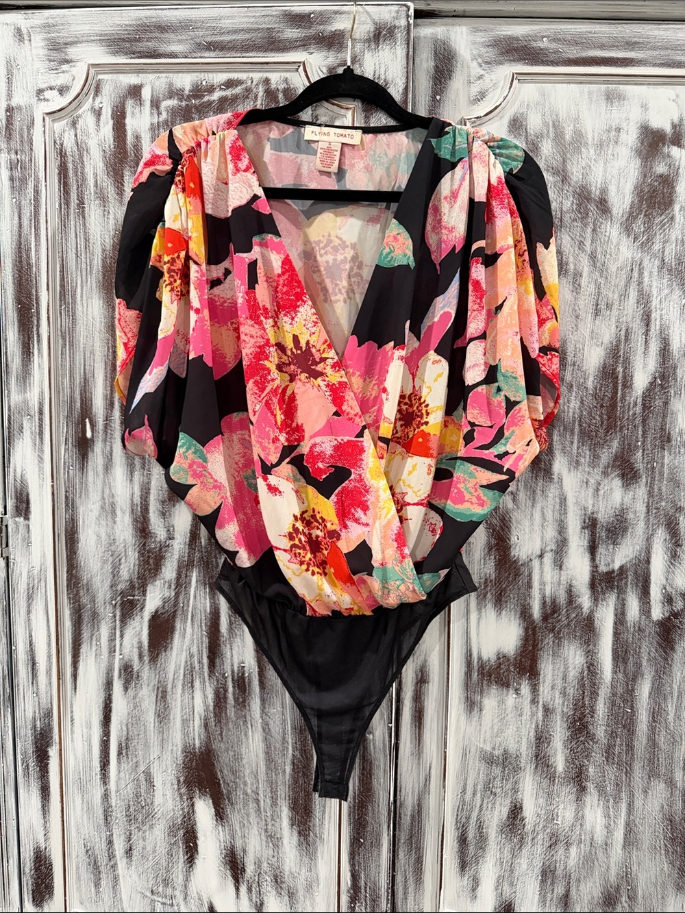 Flying Tomato Floral Wrap Bodysuit in Black, Pink, Yellow, Green